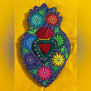 Dia De Los Muerto Multi Color Wooden Sacred Heart Wall Decor